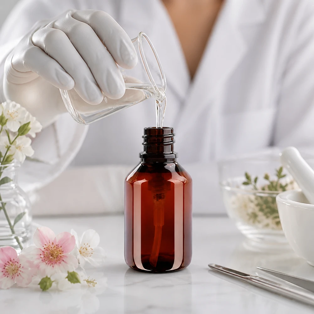 PET-fles 50ml met dispenserpomp zwart Vullen van een compacte PET-pompfles van 50 ml met UV-bescherming door amberkleurig glas