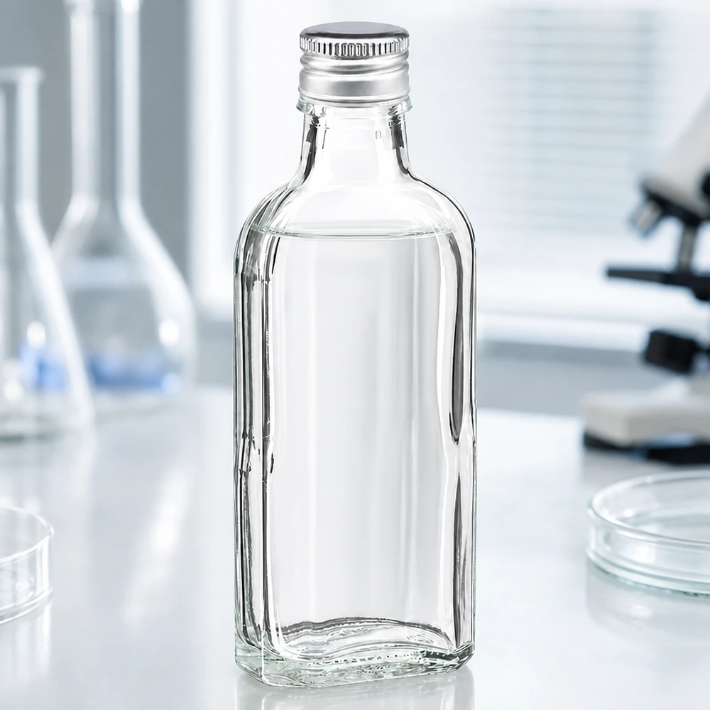 Kleine vierkante fles van helder glas, 100 ml, Meplat, met zilverkleurige aluminium dop, PP22