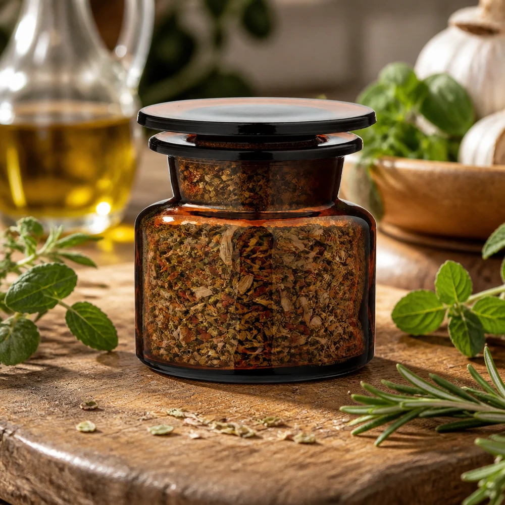 Idee voor een glazen kruidenpotje: Apothekersfles 50 ml wijde hals bruin glas incl. glazen stop Compact kruidenpotje van bruin glas, 50 ml, met een kruidenmengsel in een mediterrane keukensetting