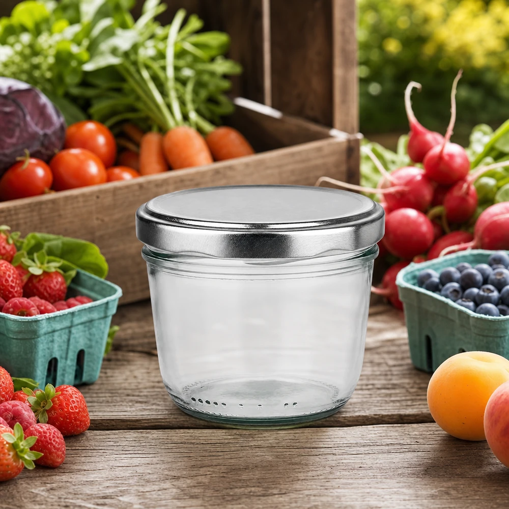 230ml bekers zilver BasicSeal deksel tussen vers fruit groenten op houten tafel buitenkeuken tafereel natuurlijk