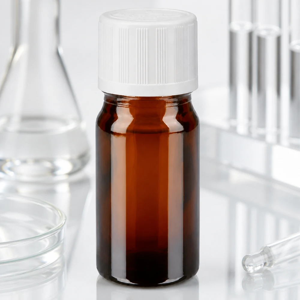 Bruine glazen fles van 5 ml met een kindveilige witte dop, vervaardigd uit hoogwaardig apothekersglas