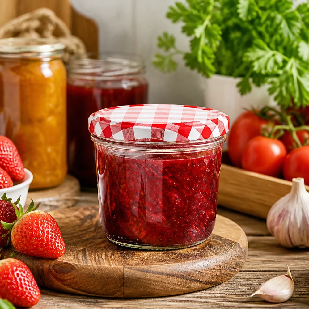 230 ml bekers in keukentafereel gevuld met aardbeienjam en BasicSeal deksel rood en wit geblokt