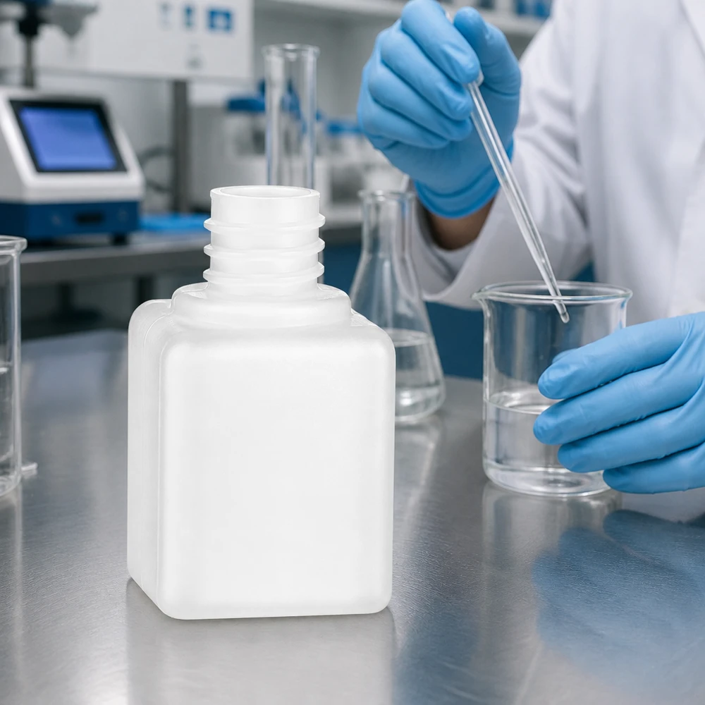 Chemicaliënfles 20 ml, nauwe hals Wit-doorschijnende chemische fles van 20 ml, PE-HD, GL18, met schroefdop, voor gebruik in een laboratoriumomgeving