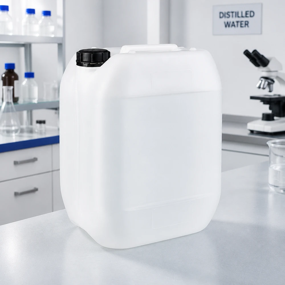 10l jerrycan, UN-toelating, met schroefsluiting Rechthoekige voorraadbak van 10 liter, gemaakt van wit polyethyleen, met een verzonken handgreep aan de bovenkant