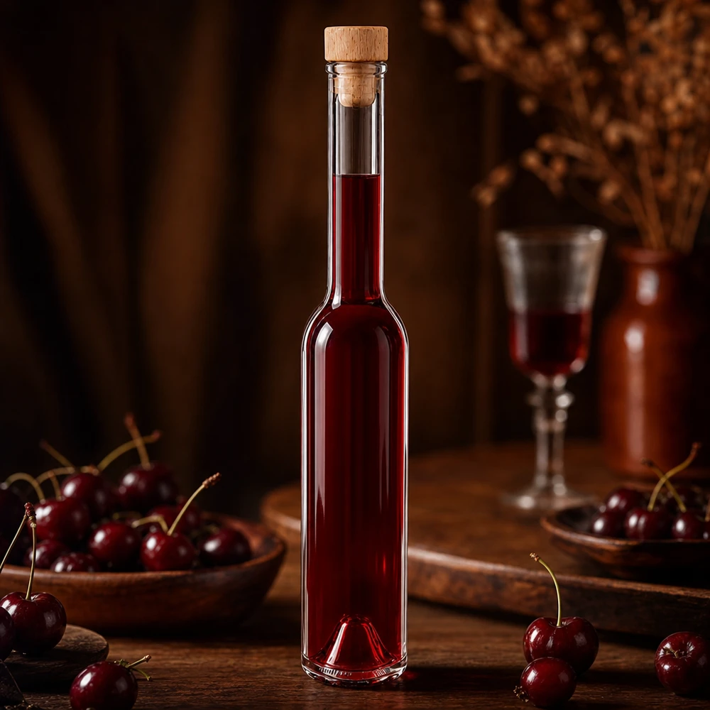 200 ml glazen fles Hugo met houten handgreepkurk UNiTWIST® Glasflasche Hugo 200ml mit Kirschlikör gefüllt - edle Geschenkflasche mit Holzkorken in gemütlicher Atmosphäre