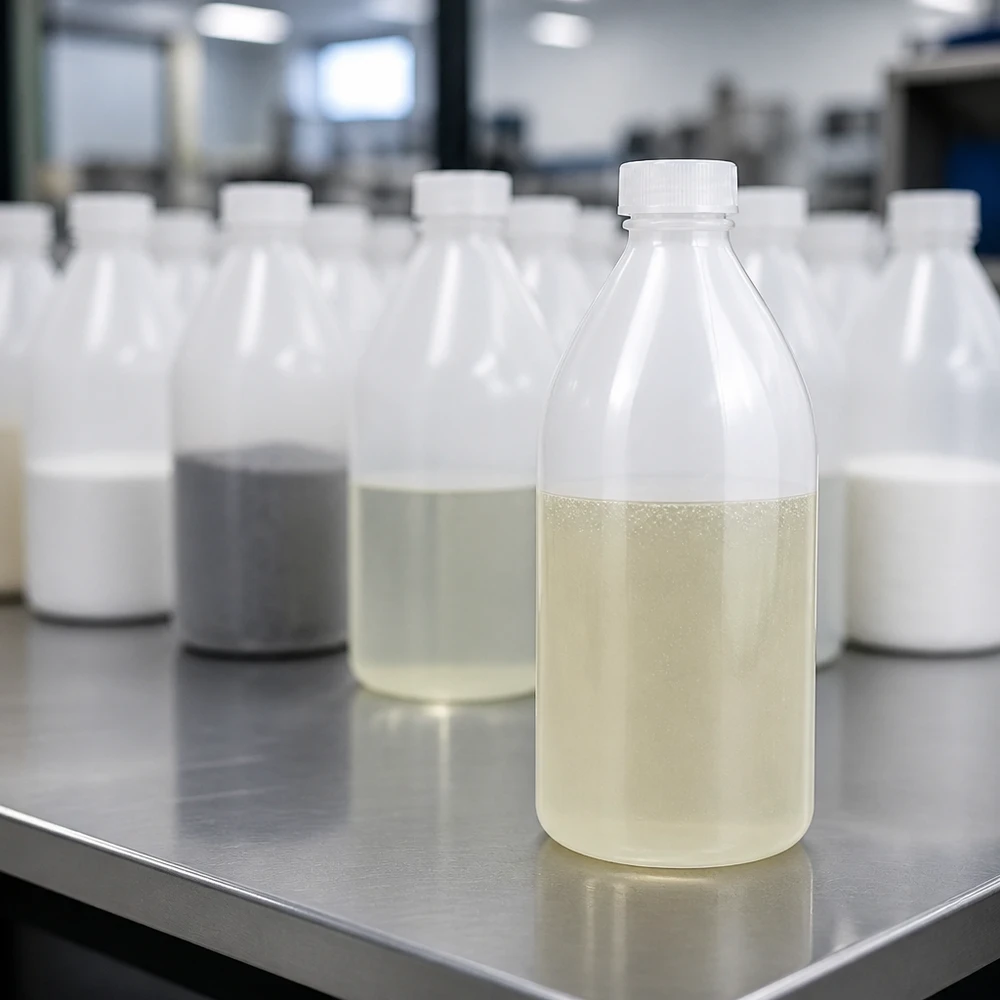 Nauwe hals laboratoriumfles 500ml met schroefsluiting Transparente 500ml Enghals Schraubflasche mit cremefarbener Flüssigkeit im Vordergrund