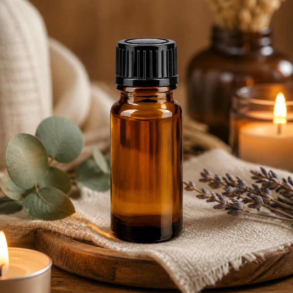 Donkere apothekersfles met een sluiting van 11 mm op linnen, omringd door lavendel en eucalyptus
