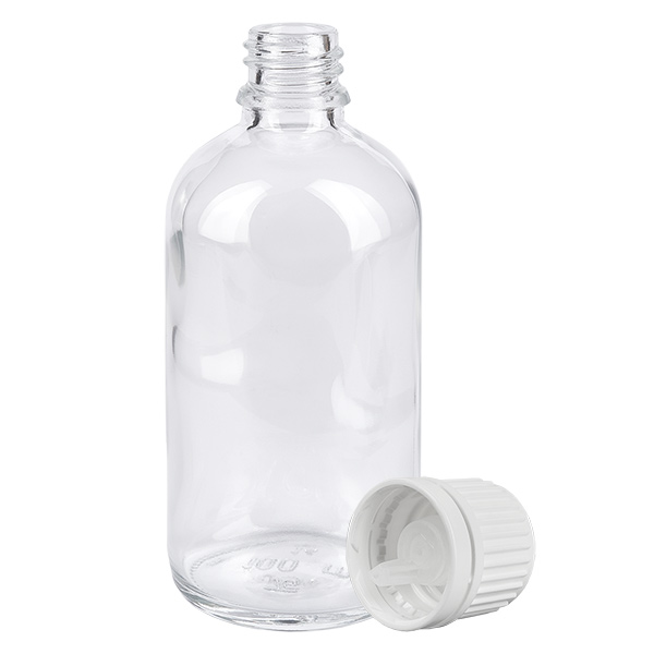 100ml druppelflesje 0.7mm wit OV ClearLine UT18/100 Doorzichtige druppelfles van 100 ml van helder glas met een witte schroefdop en verzegeling