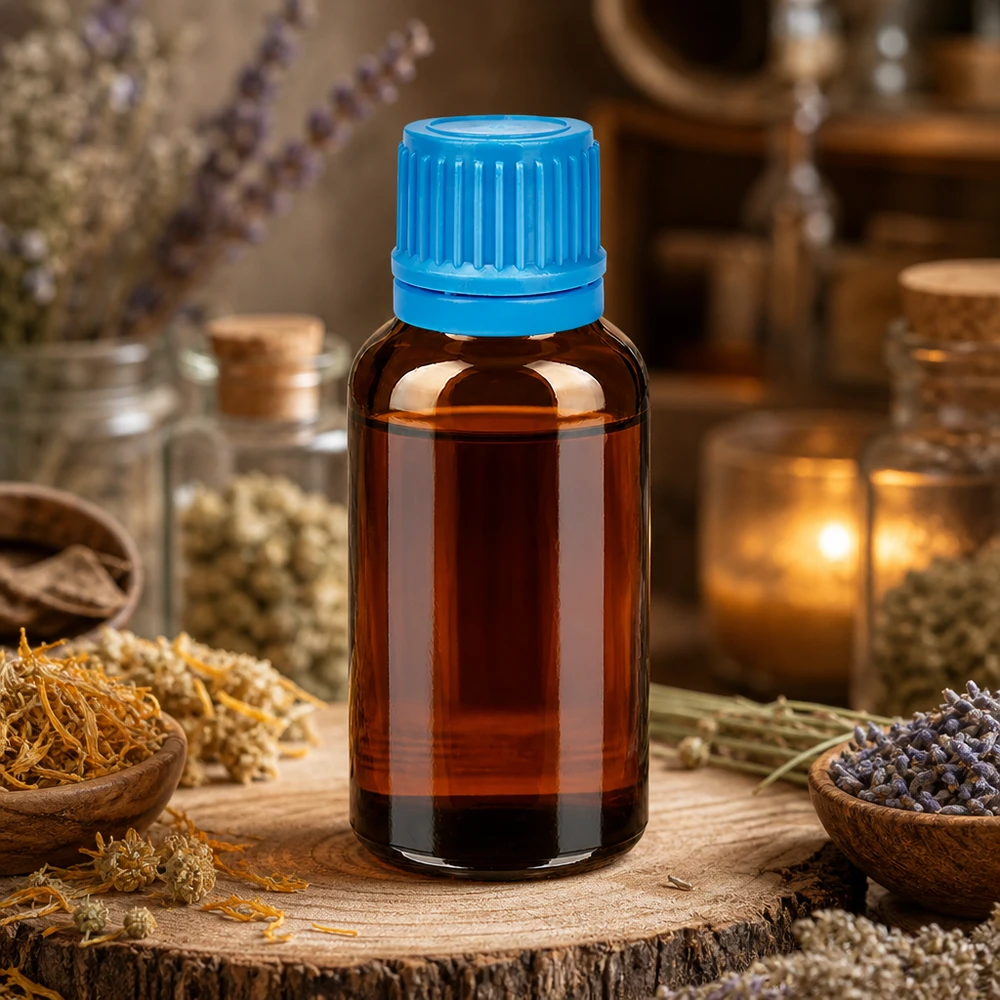 30ml premium amberkleurig glazen flesje met kindveilige blauwe dop voor therapeutische oliën