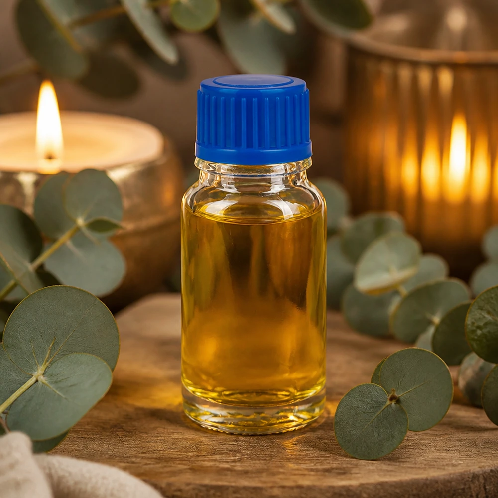 Kleine glazen fles van 10 ml met een blauwe dop, omringd door eucalyptusbladeren en kaarsen