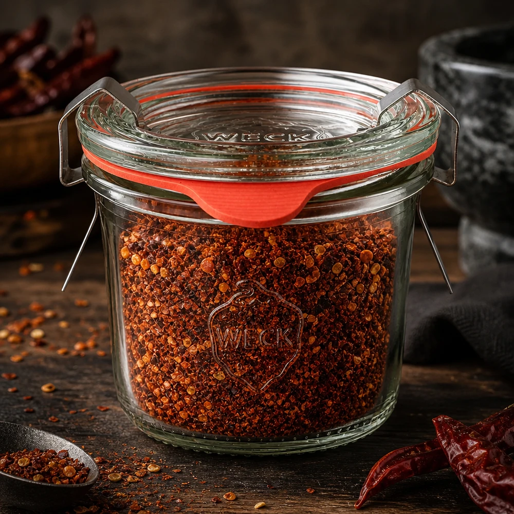 Idee voor een glazen kruidenpotje: WECK mini-stortglas 80 ml Gevulde voorraadpot met roestvrijstalen klemmen en rode chilivlokken op donker hout