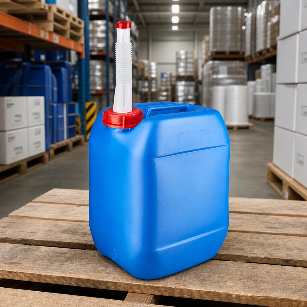 Blauwe jerrycan van 10 liter met flexibele uitloop voor het veilig bewaren van vloeistoffen op het werk