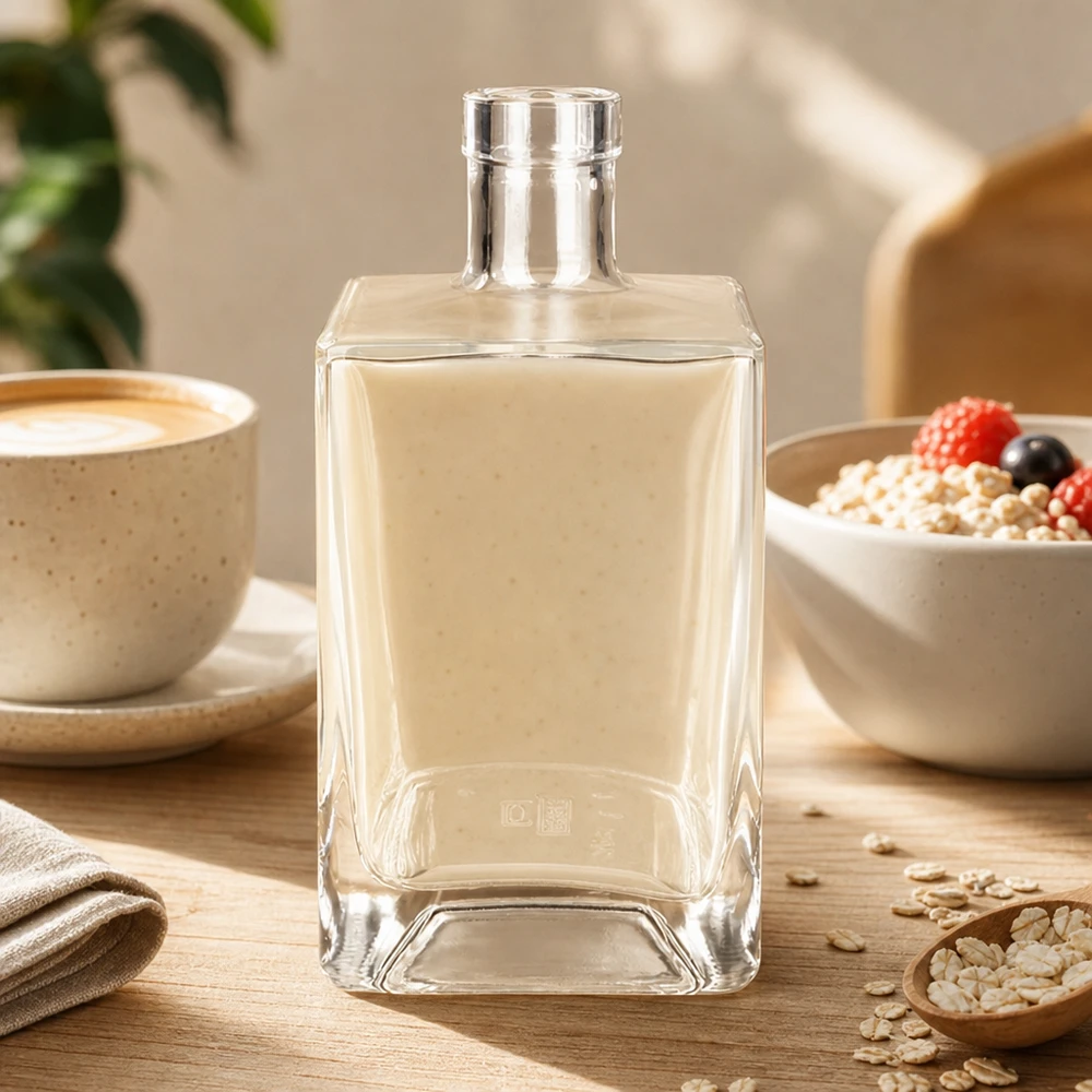 700ml glazen fles Ben transparant rechthoekig op houten tafel met koffiekopje en cornflakes kom lifestyle sfeer