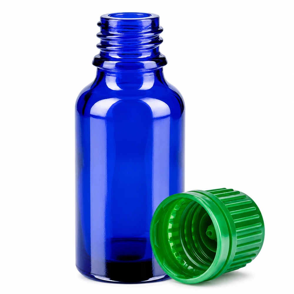 20ml violet glazen flesje met kindveilige groene dop om te bewaren