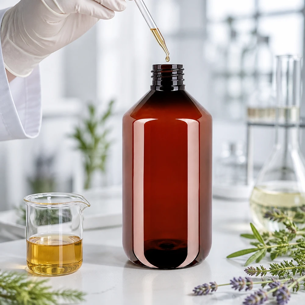 Chemicaliebestendige PET-fles van 500 ml, bruin, met speciale ontgassingsdop