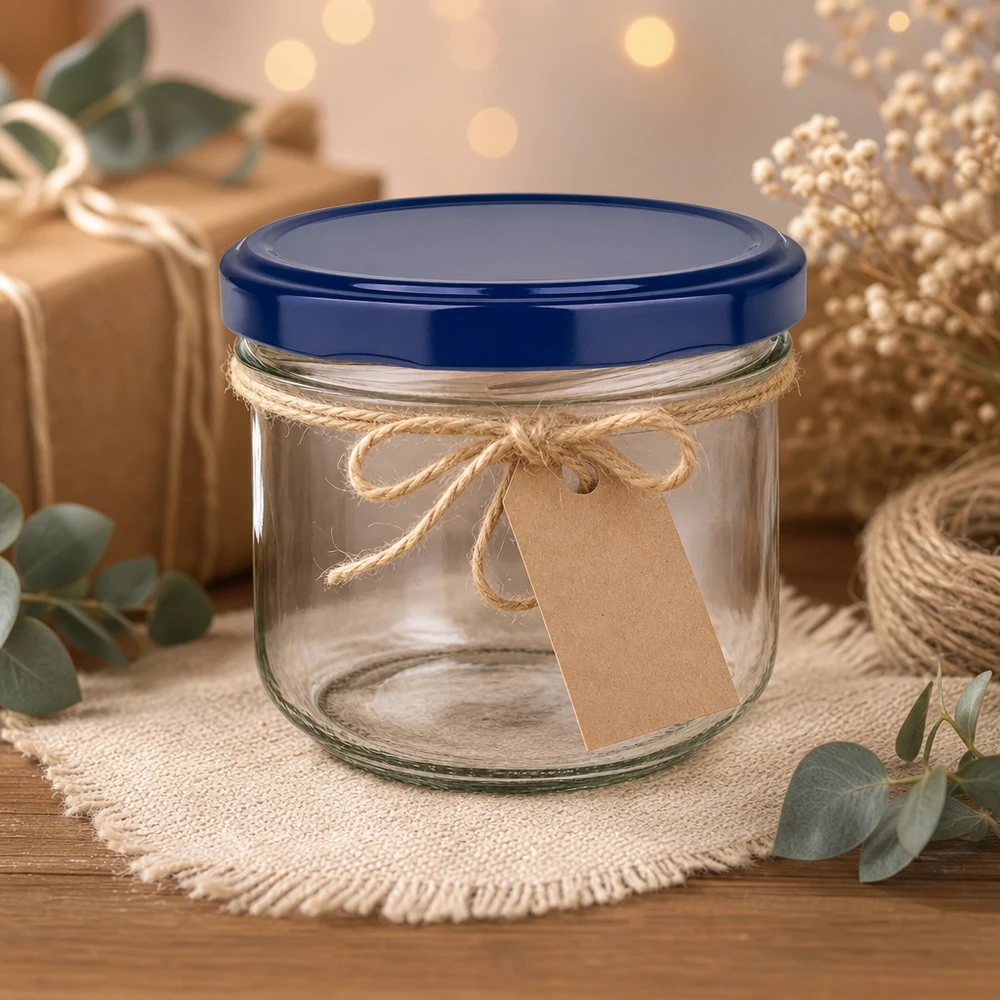 260 ml bekers met blauw UNiTWIST deksel decoratief gerangschikt met jute lint en cadeaulabel als cadeau