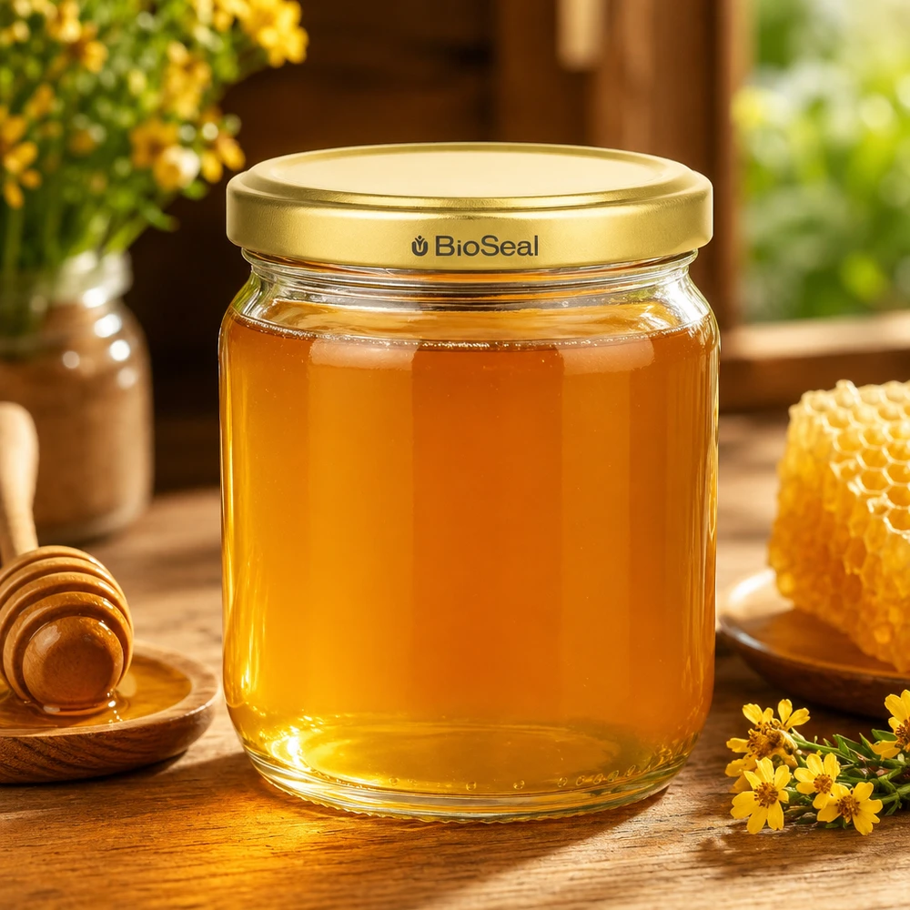 Honingpot 500 g met gouden deksel BioSeal UNiTWIST 500g BioSeal honingpot met gouden deksel gevuld met honing naast honingraat en honinglepel op houten tafel