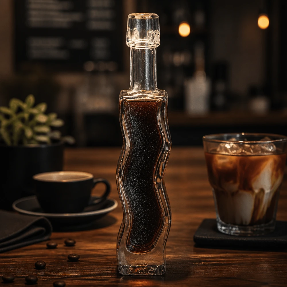 40 ml glazen fles Anna gevuld met donkere koffiesiroop Café sfeer Houten tafel Toepassingsvoorbeeld Barista accessoires