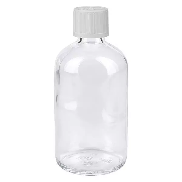 Helder glazen flessen 100ml met wit schroefsluiting kinderslot St Helder glazen flessen 100ml met wit schroefsluiting kinderslot St