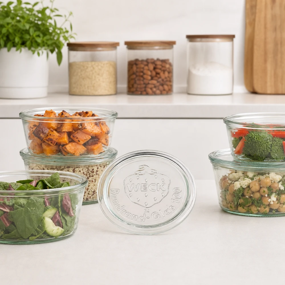 WECK glazen deksel RR100 voor maaltijdkommen met bereide salades en groenten in moderne keukens
