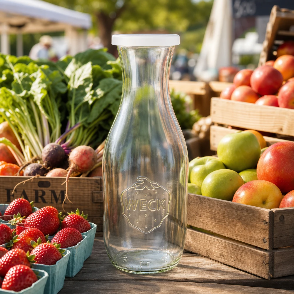 WECK sapfles 1062ml met wit deksel op boerenmarkt tussen vers fruit en groenten in houten kratten
