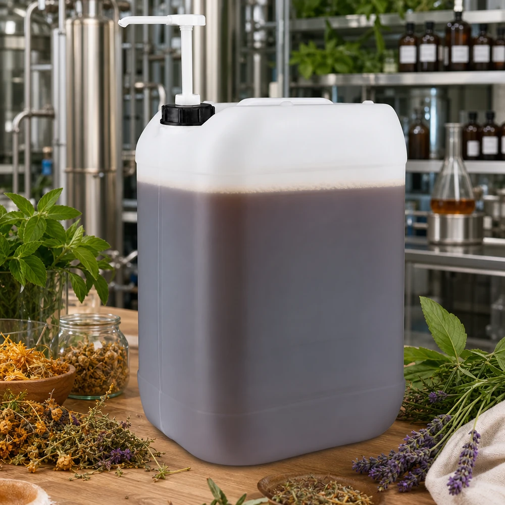 25l Jerrycan, UN-toelating, met doseerpomp 25-liter jerrycan met zichtbare tweefasige inhoud en pompkop in een professionele distilleerderij