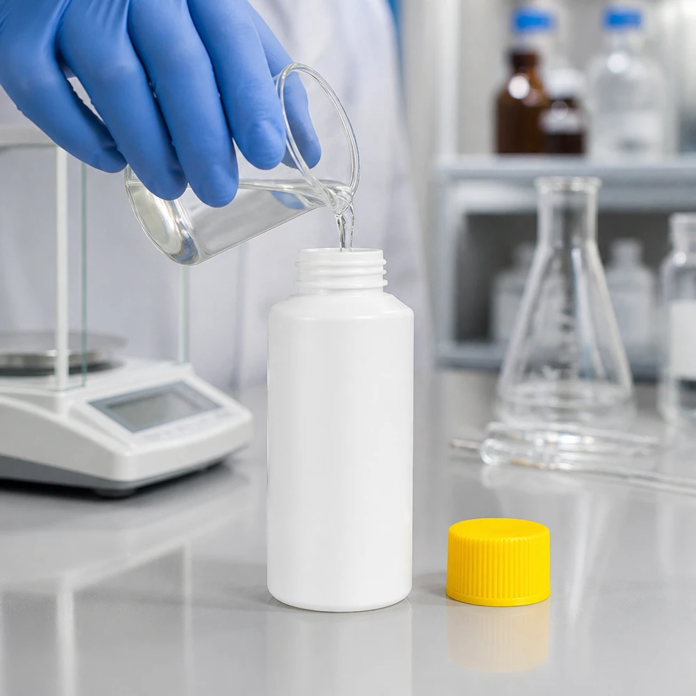 PET cilinderfles 30ml wit met schroefsluiting geel Apotheekflesje van HDPE, wit, 30 ml, met gele SV; bij het afvullen van chemische stoffen beschermende handschoenen dragen