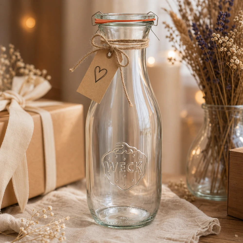 WECK sapfles 1062ml RR60 decoratief met jute koord en hart hanger als rustiek cadeau