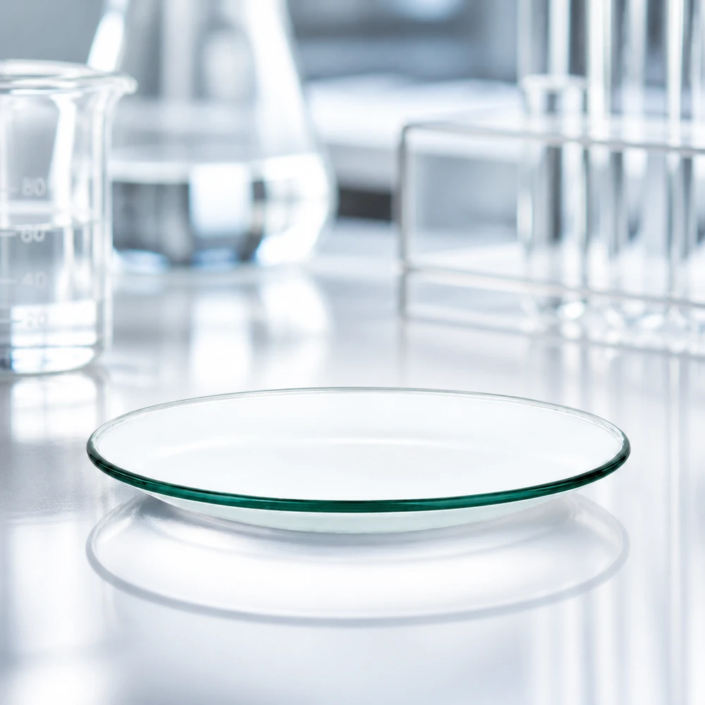 Glimmende horlogeglazen schaal 70 mm met reflecterend oppervlak in een steriele laboratoriumomgeving
