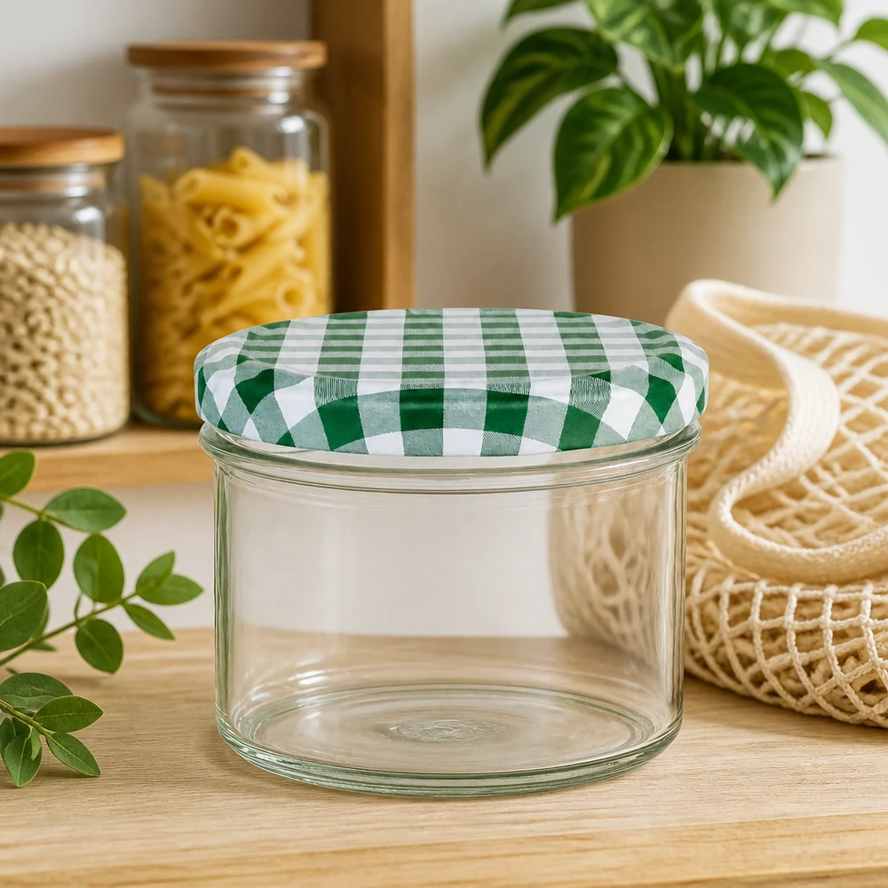 Titels van 225 ml met groen-wit geblokte deksels op een houten tafel naast voorraadpotten en plantdecoraties