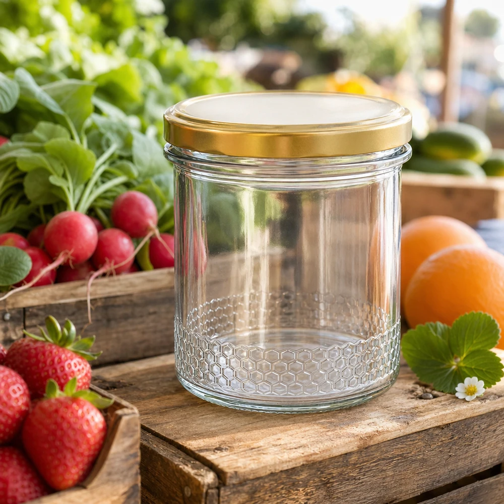 400ml honingpot met BasicSeal deksel goud UNiTWIST op een houten krat in de tuin omringd door verse aardbeien en radijsjes