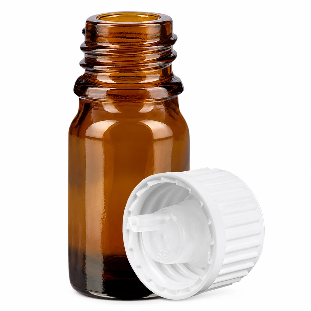 5 ml amberkleurig glazen druppelflesje met 0,9 mm druppelopening en witte dop voor nauwkeurig aanbrengen