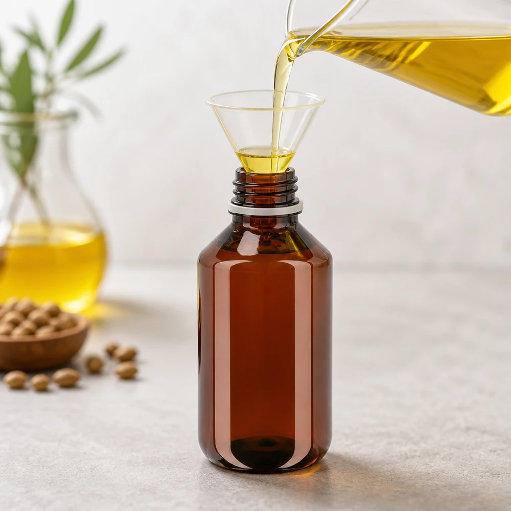 UV-schützende bernsteinfarbene PET Rundflasche 100ml mit weißem Verschluss für Naturöle