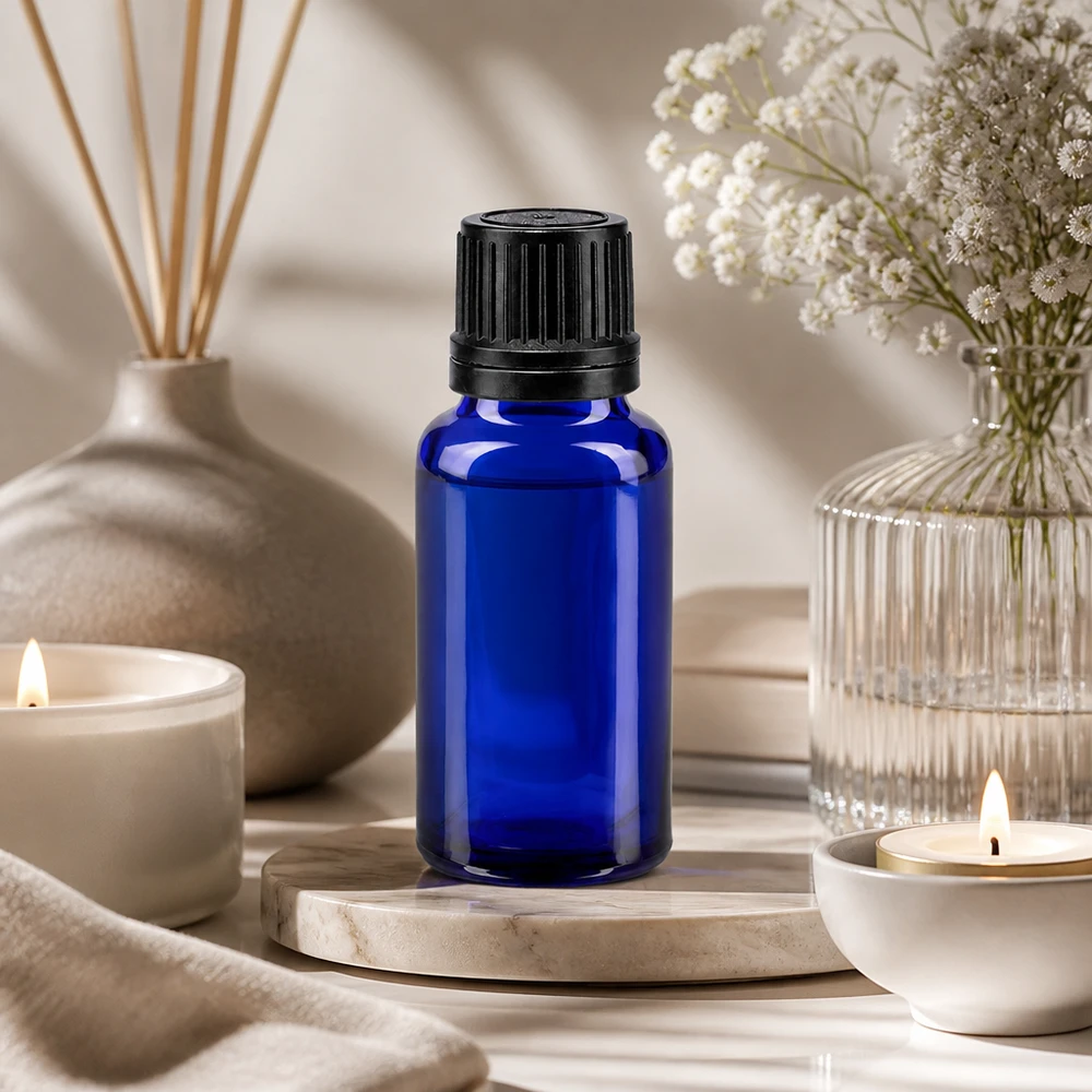 Blauwe glazen flessen 20ml met zwart schroefsluiting gietring VR Glasflesje met UV-bescherming, 20 ml, blauw, met zwarte schroefdop, voor aromatherapie
