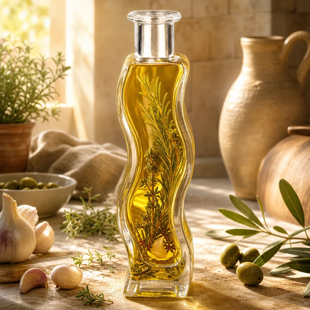 100ml Melissa glazen fles gevuld met kruidenolie en rozemarijntakjes in een mediterrane keuken met olijven en keramiek