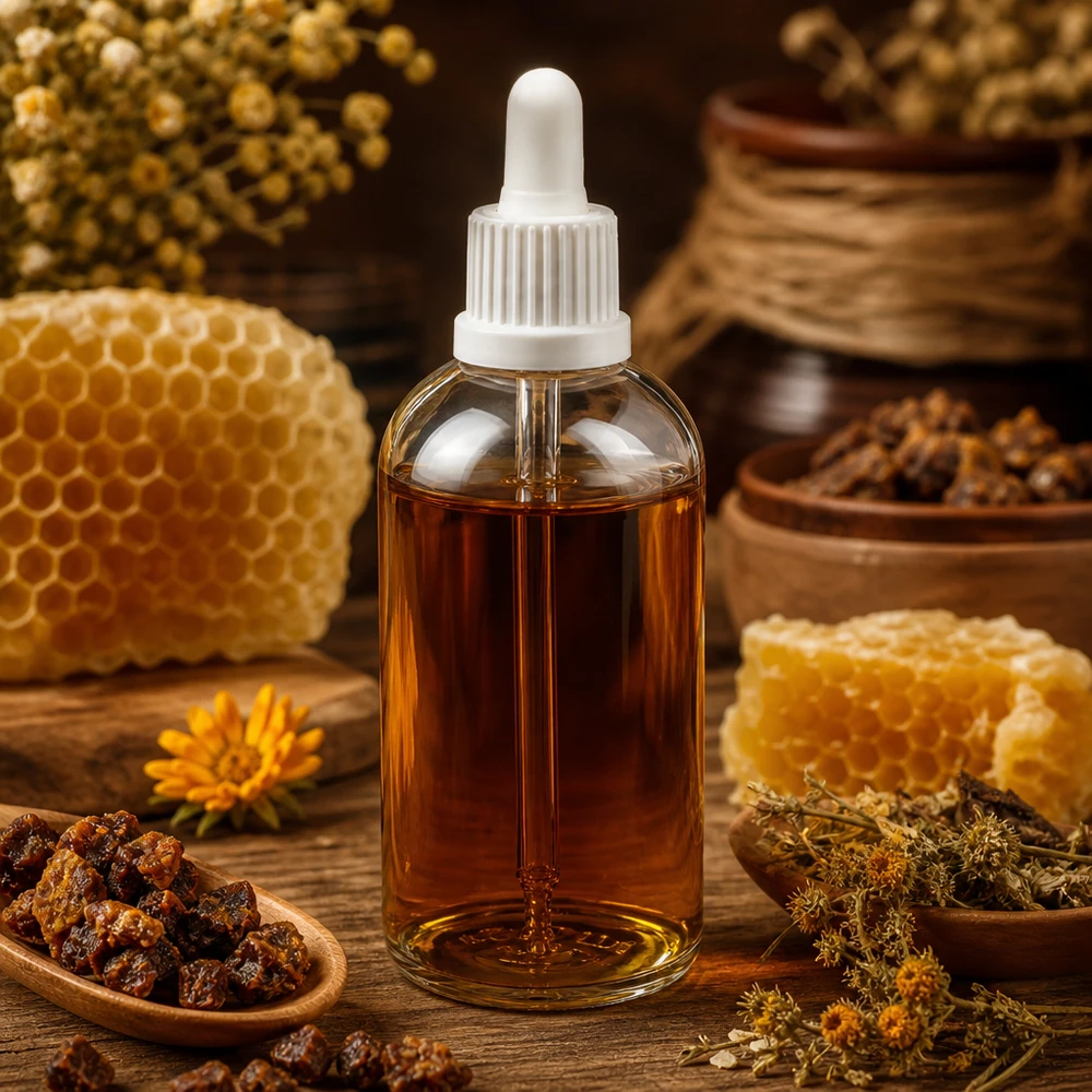 Bruin propolis-extract in een witte ClearLine-pipetfles van 100 ml, omringd door honingraten en geneeskrachtige kruiden