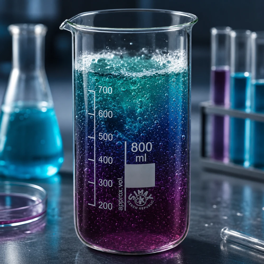 SIMAX laboratoriumglas 800 ml, hoog model met bruisende vloeistof en een kleurverloop van paars naar turkoois