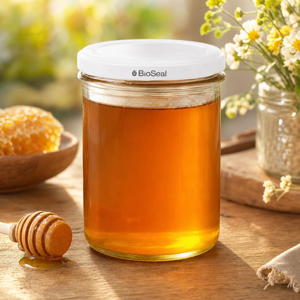350ml bekers met BioSeal deksel wit UNiTWIST UNiTWIST Sturz350 mit weißem TO82 BioSeal Deckel gefüllt mit Honig zeigt perfekte Eignung für Marmeladen und Aufstriche