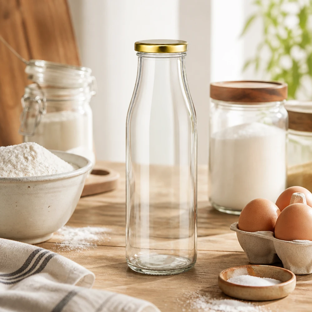 500ml glazen fles BasicSeal deksel goud in bakkeuken met bloem eieren melk glas op houten werkblad keukengerei