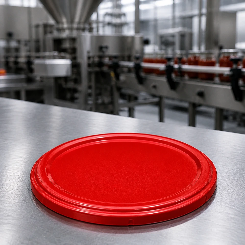 Rode metalen deksel TO82 82 mm BasicSeal UNiTWIST Close-up van het afvulproces van potten op de transportband