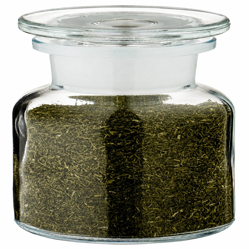 Kruidenpotje van helder glas in apothekersvorm, 100 ml, met brede opening en bijpassende glazen deksel