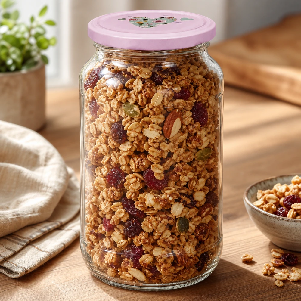 Gevulde ronde pot van 1062 ml met roze hartvormig deksel toont muesli met cranberry's als praktische voorraadpot in de keuken