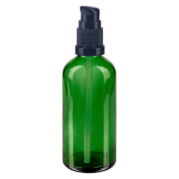 Groenen glazen flessen 100ml met zwart pompsluiting Groenen glazen flessen 100ml met zwart pompsluiting