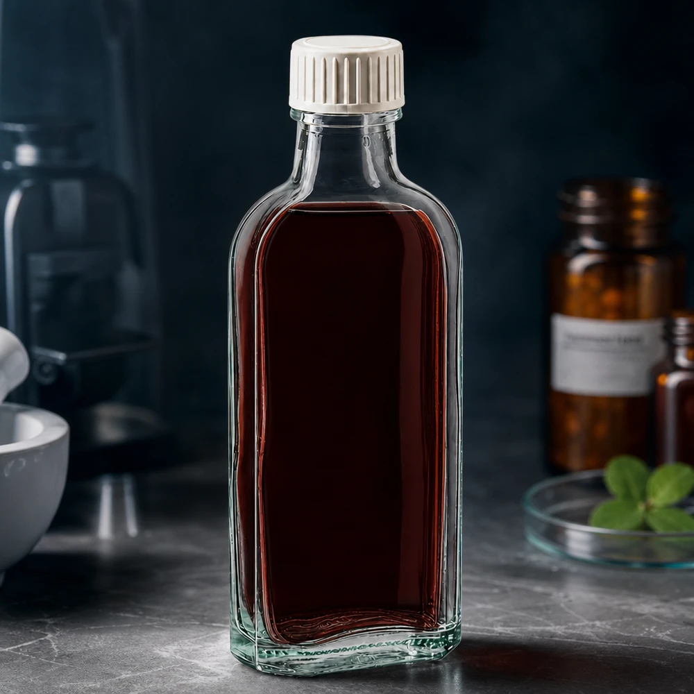 100 ml witte meplatfles met DIN 22 monding, inclusief schroefsluiting DIN 22 wit met PE-schuiminzetstuk Rechthoekige glazen fles van 100 ml met kindveilige schroefdop en PE-schuimvoering