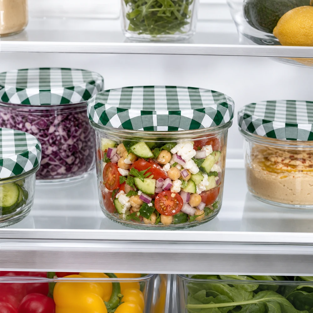 230 ml beker BasicSeal deksel groen-wit geblokt koelkast opslag salade maaltijd prep voorraadpotten set