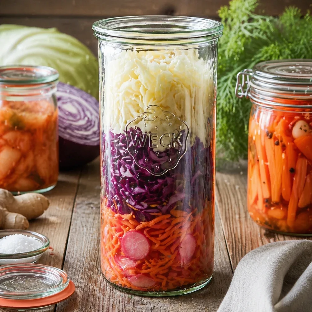 WECK RR100 1500ml mason jar met gefermenteerde groente zuurkool op een houten tafel tussen verse ingrediënten