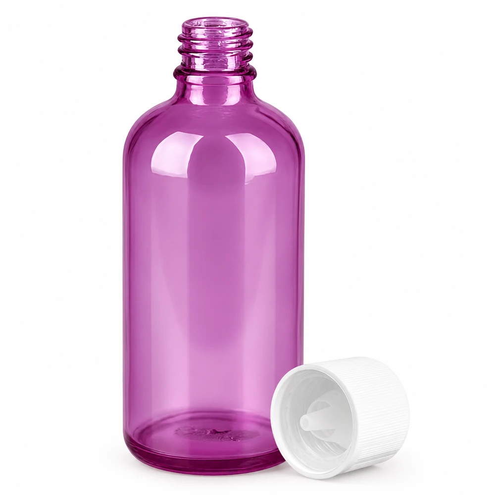 Klein 100ml druppelflesje van hoogwaardig glas in een heldere paarse kleur