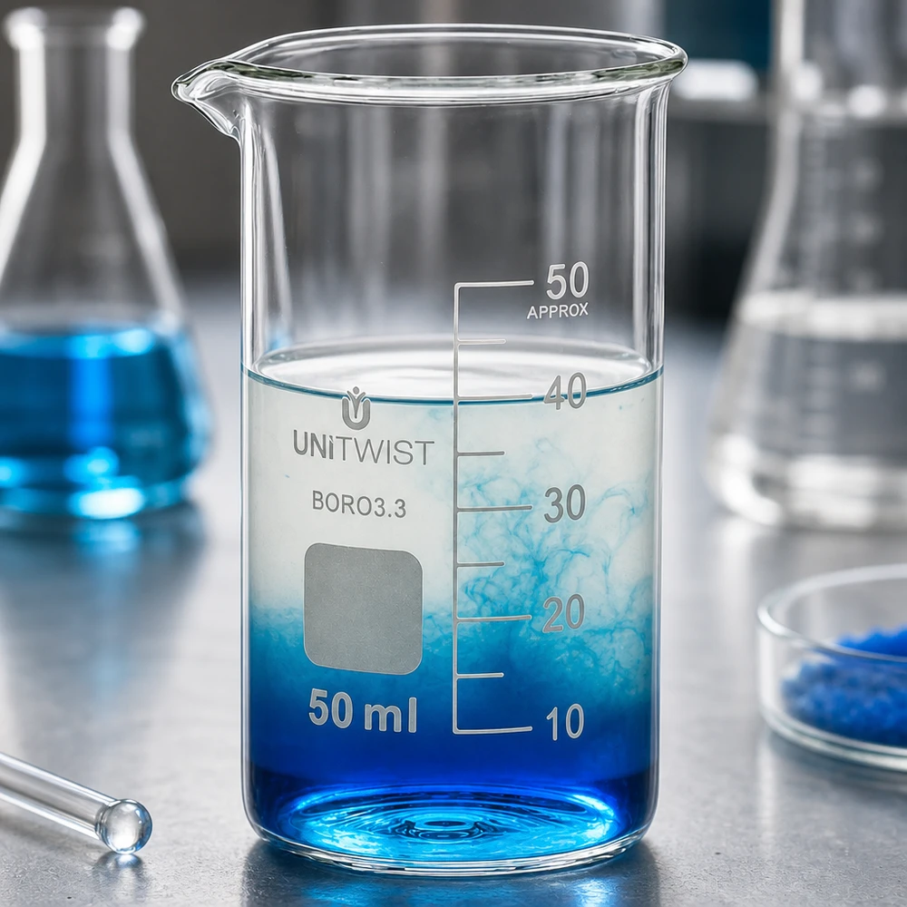 Laboratoriumglas: hoge bekerglas van 50 ml van UNITWIST voor chemische experimenten en analyses