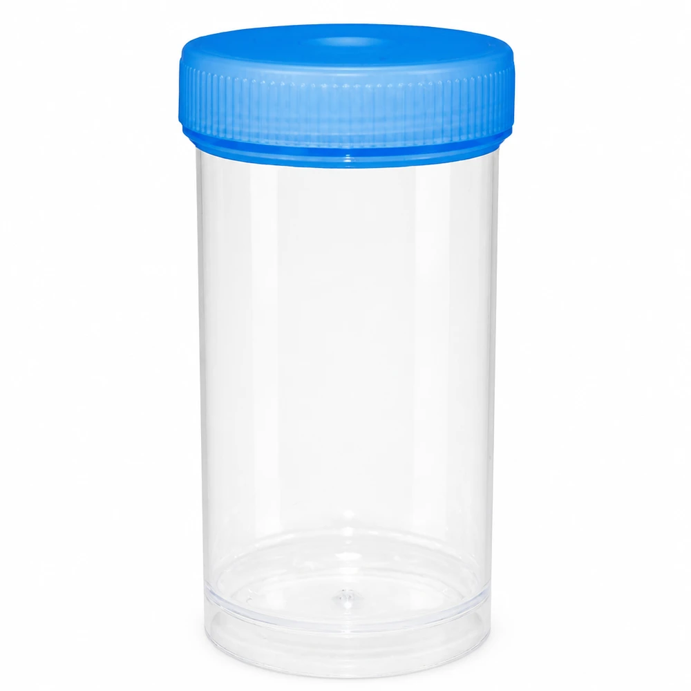 Universele kunststof pot (pathologie pot) 100ml Doorzichtige fles met brede hals, 100 ml, met geribbelde blauwe schroefdop voor laboratoriumtoepassingen