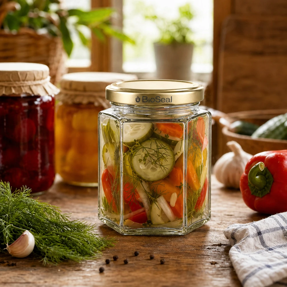 Honingpot 250 g met gouden BioSeal UNiTWIST-deksel 250g honingpot zeshoekig gevuld met ingemaakte groenten BioSeal goud deksel rustieke keuken dille paprika komkommer